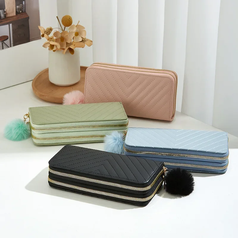 New Fashion Solid Color PU Wallet Girls Zipper Print Clutch Bag Temperament Simple Sewing Line Coin Purse