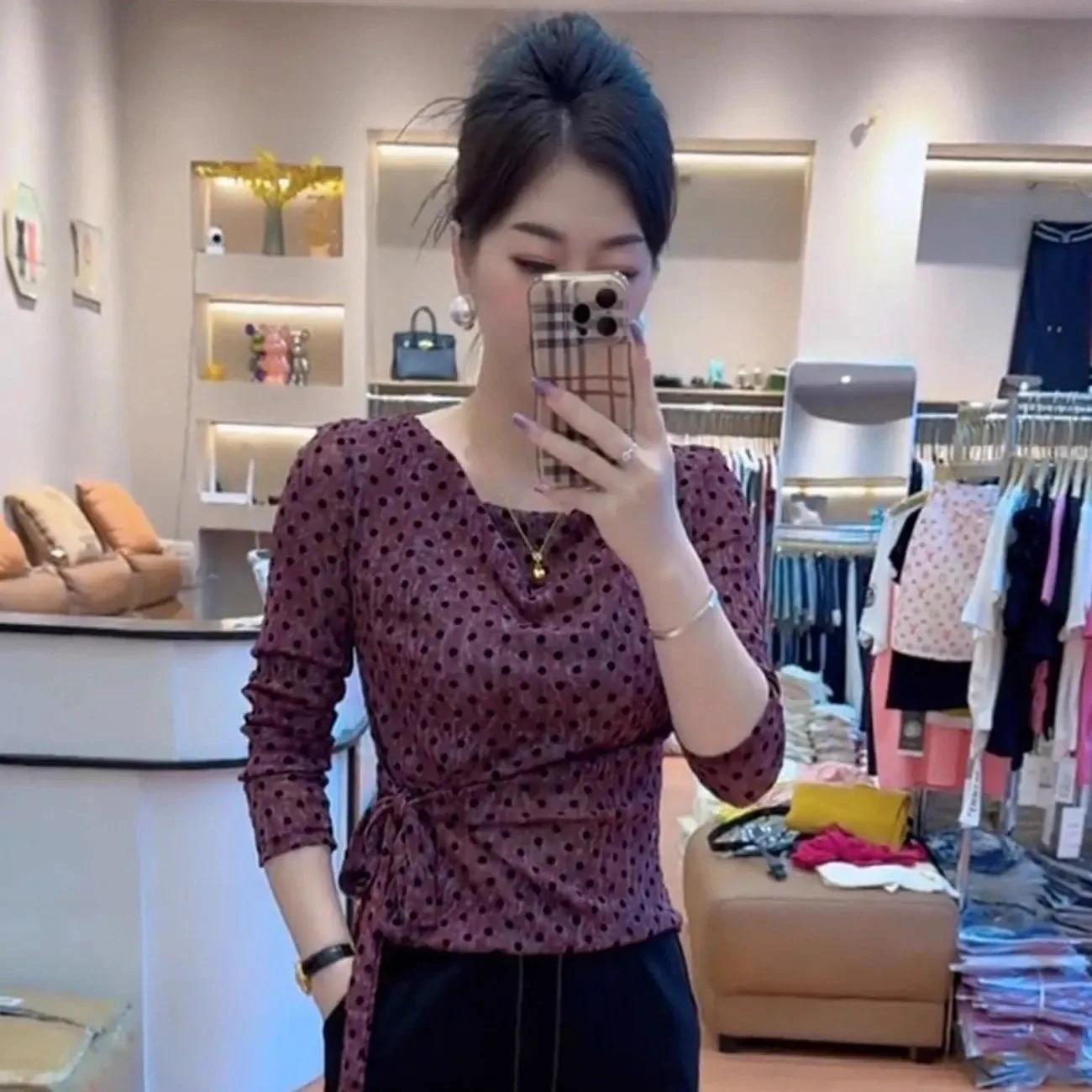 

Elegant Long Sleeve Mesh Base Shirt Women's Slim Fit round Neck Polka Dot Design Spring Autumn New Style Commute Style Shirt