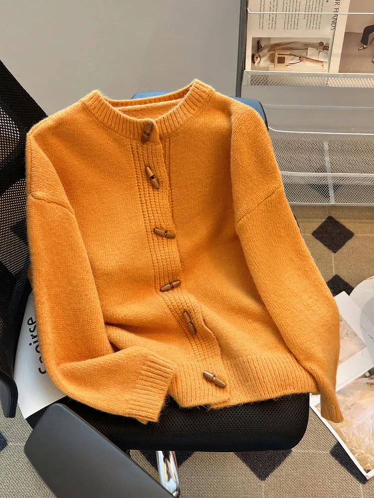 

Vintage Fashion O-Neck Knitted Sweater Women Long Sleeve Button Design Cardigan Autumn Winter Korean Style Cozy Jumper Oversized