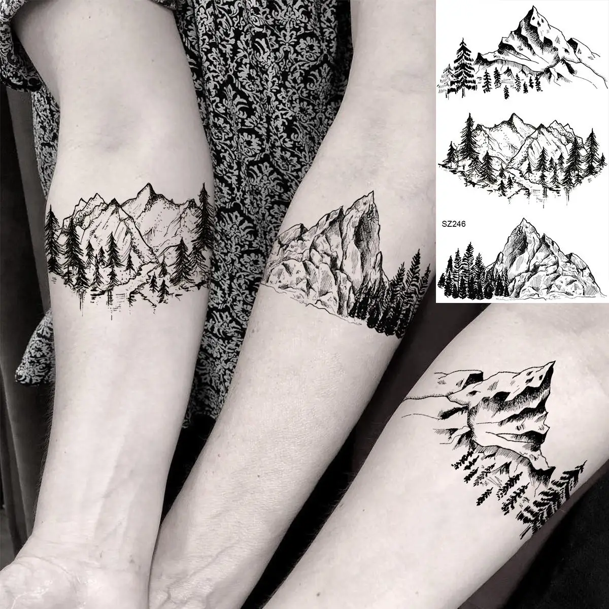 18 Sheets Geometry Mountain Temporary Tattoos For Men Women Adults Fake Waves Tattoo Sticker Black 3D Pine Tree Tatoos Triangle