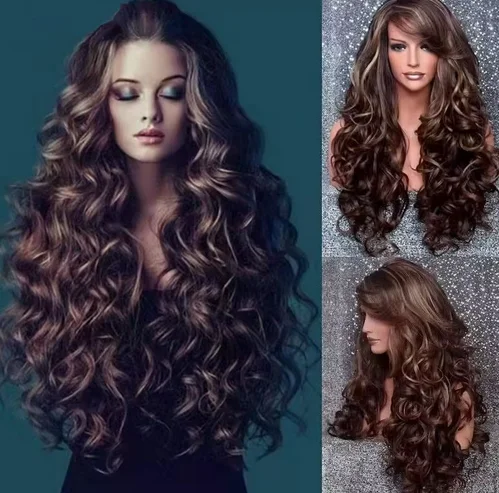 Long Brown Curly Synthetic Wigs for Women Wave Natural Look Wave Curly Hair Pre Plucked Soft Comfortable Wigs