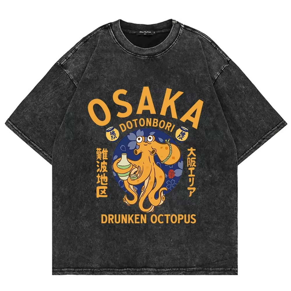 Osaka Dotonbori Drunken Octopus Print T-Shirts Vintage Funny Men Women T-Shirt Oversize Breathable Soft Cotton Washed Tee Shirt