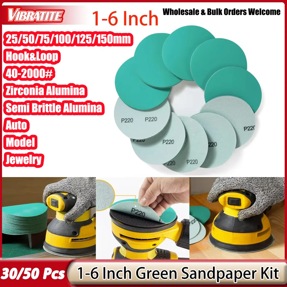 30/50Pcs Green Sanding Discs 1-6 Inch Hook And Loop Sandpaper Film for Random Orbital Sanders For Polishing and Sanding