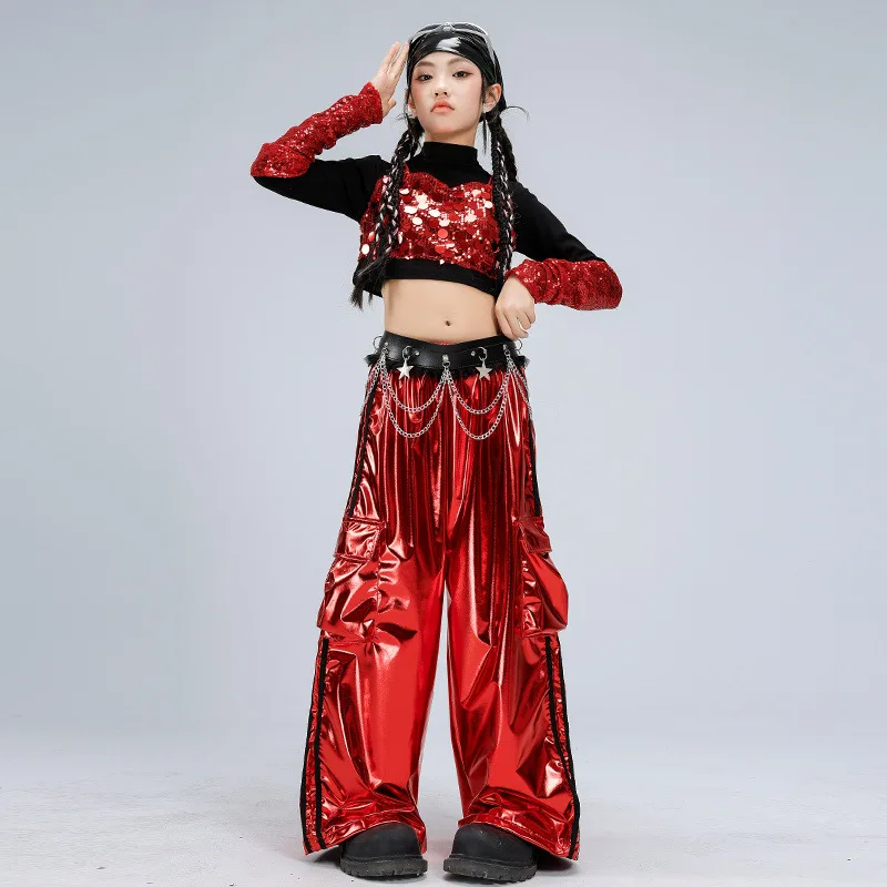 새로운 소녀 재즈 댄스 의상 빨간색 스팽글 댄스복 세트 크롭 긴팔 상의 헐렁한 바지 그룹 케이팝 댄스 무대 공연복
