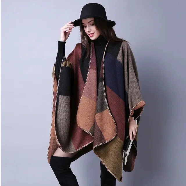 

Autumn Winter Lattice Women Travel Shawl Imitation Cashmere European National Style Fork Thickened Cloak Ponchos Capes