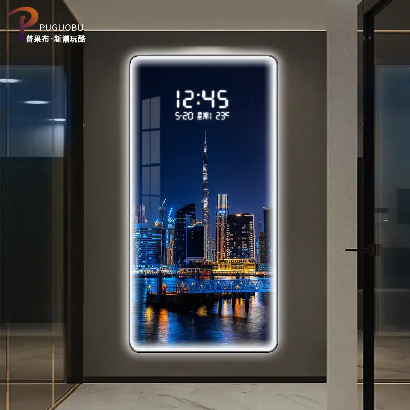 Urban Night Scene Decoration Painting Electronic Clock LED Light Mural Landscape Architecture Living Room Painting