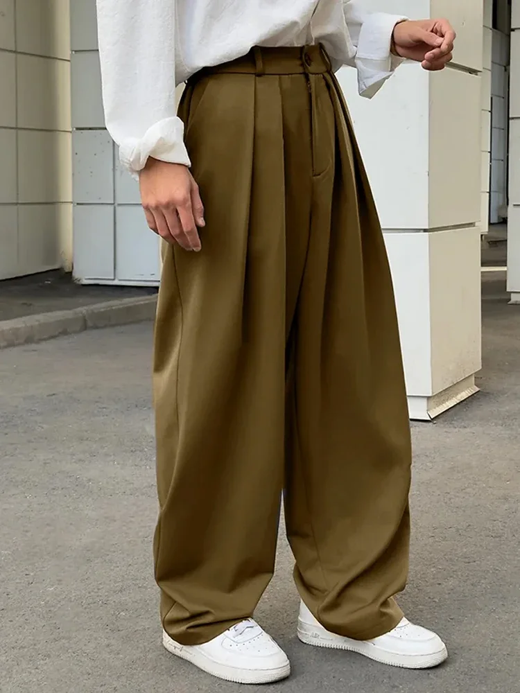 

Streetwear Casual Trousers Mens Spring Autumn Stylish Pleated Loose Straight Pants Men Vintage Solid Color Draped Suit Trousers