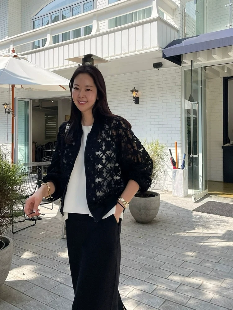 

Кружевное свободное женское бейсбольное джато с вырезами, прозрачное возрастное пальто с 3D цветочным принтом, дизайн для поездок на работу