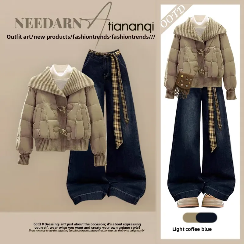 

2026 New Lazy Style Loose Slimming Cotton Jacket Outerwear with High-End Feeling Slimming Wide Leg Jeans Two Piece Set