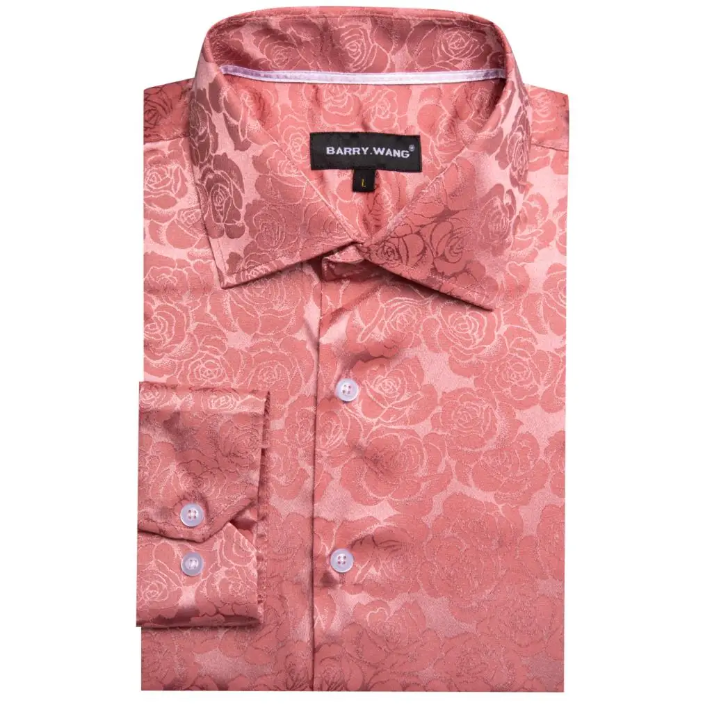 Luxury Silk Shirts for Men Pink Flower Long Sleeve Slim Fit Male Blouese Casual Tops Formal Streetwear Breathable Barry Wang