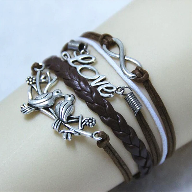 Hot Sales Charming Fashion Jewelry Leather Braided Rope Vintage Silver Plated Bird Infinity Bangle