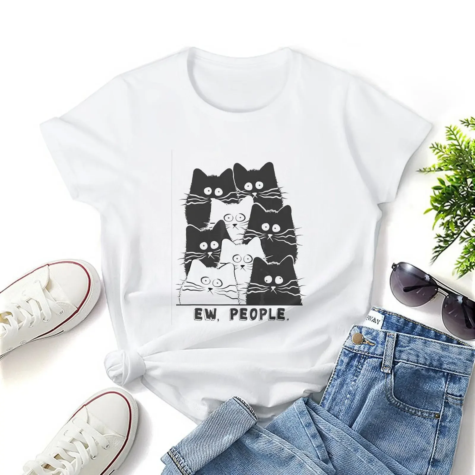 I Think There's A Spy Among Us  Black White Cute Cat T Shirt Graphic Shirt Casual Short Sleeved Female Tee T-Shirt Size S-4XL