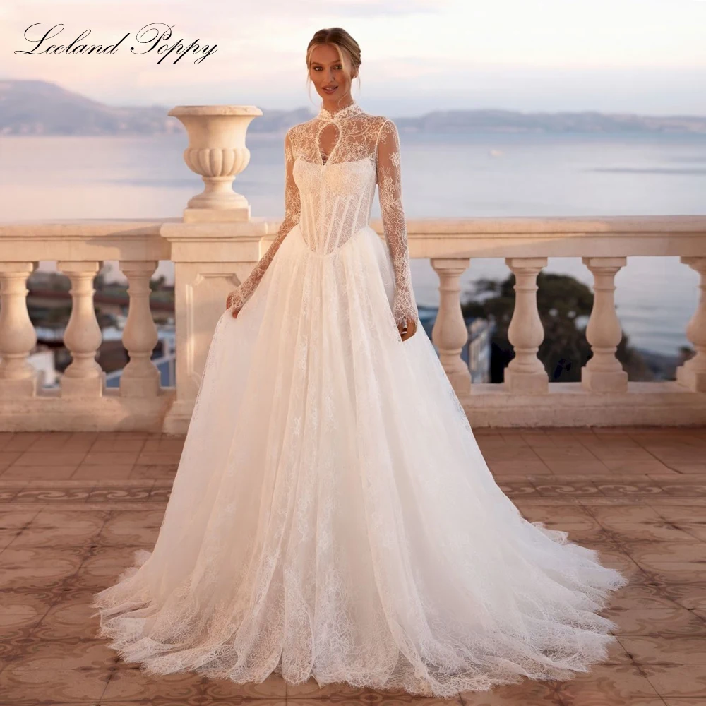 Lceland Poppy Customized A Line Lace Wedding Dresses Illusion Full Sleeves Bridal Gowns with Court Train