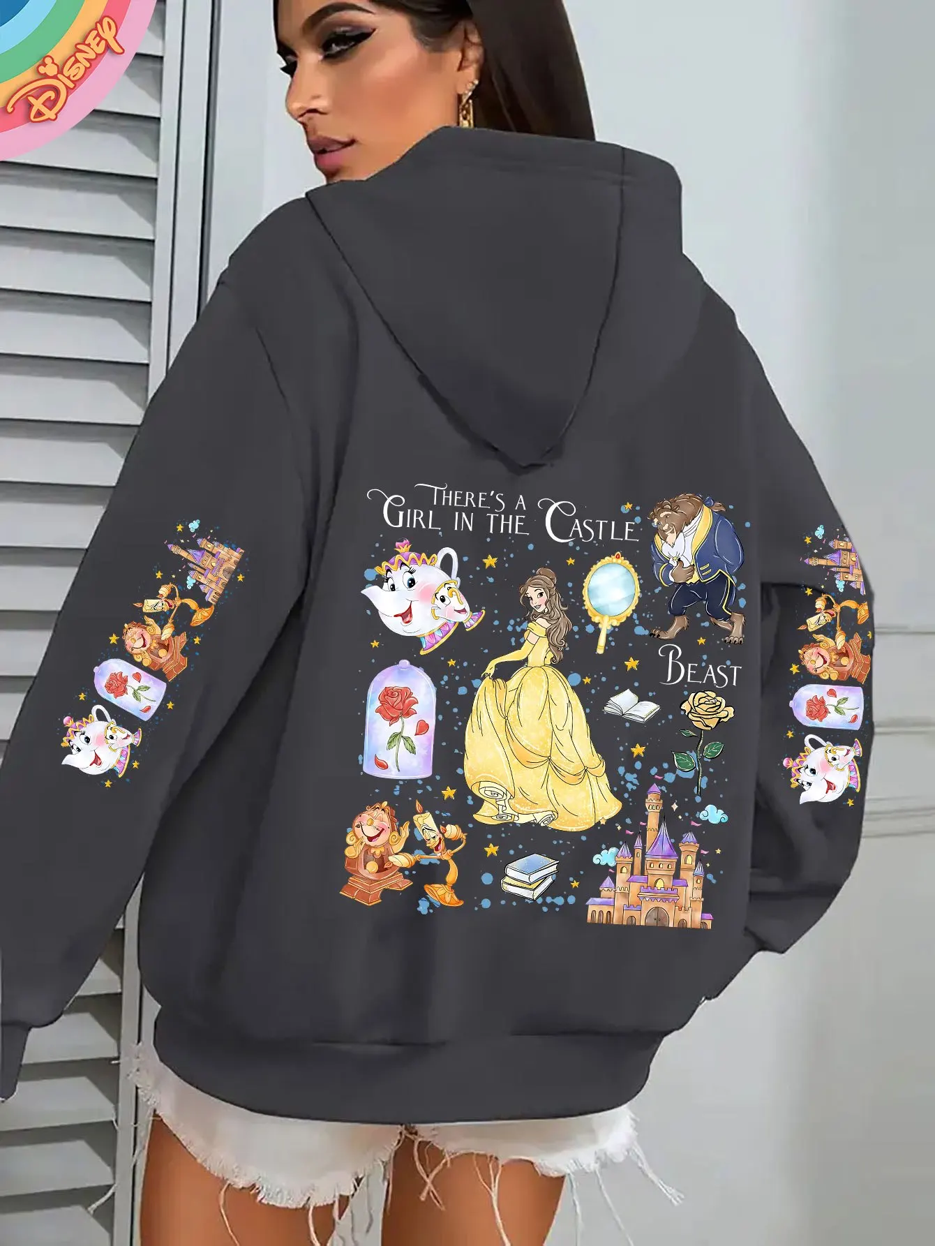 سترة ديزني بيوتي آند ذا بيست، تصميم كرتوني للجمال والأمير الساحر، سترة ديزني مريحة للخريف/الشتاء