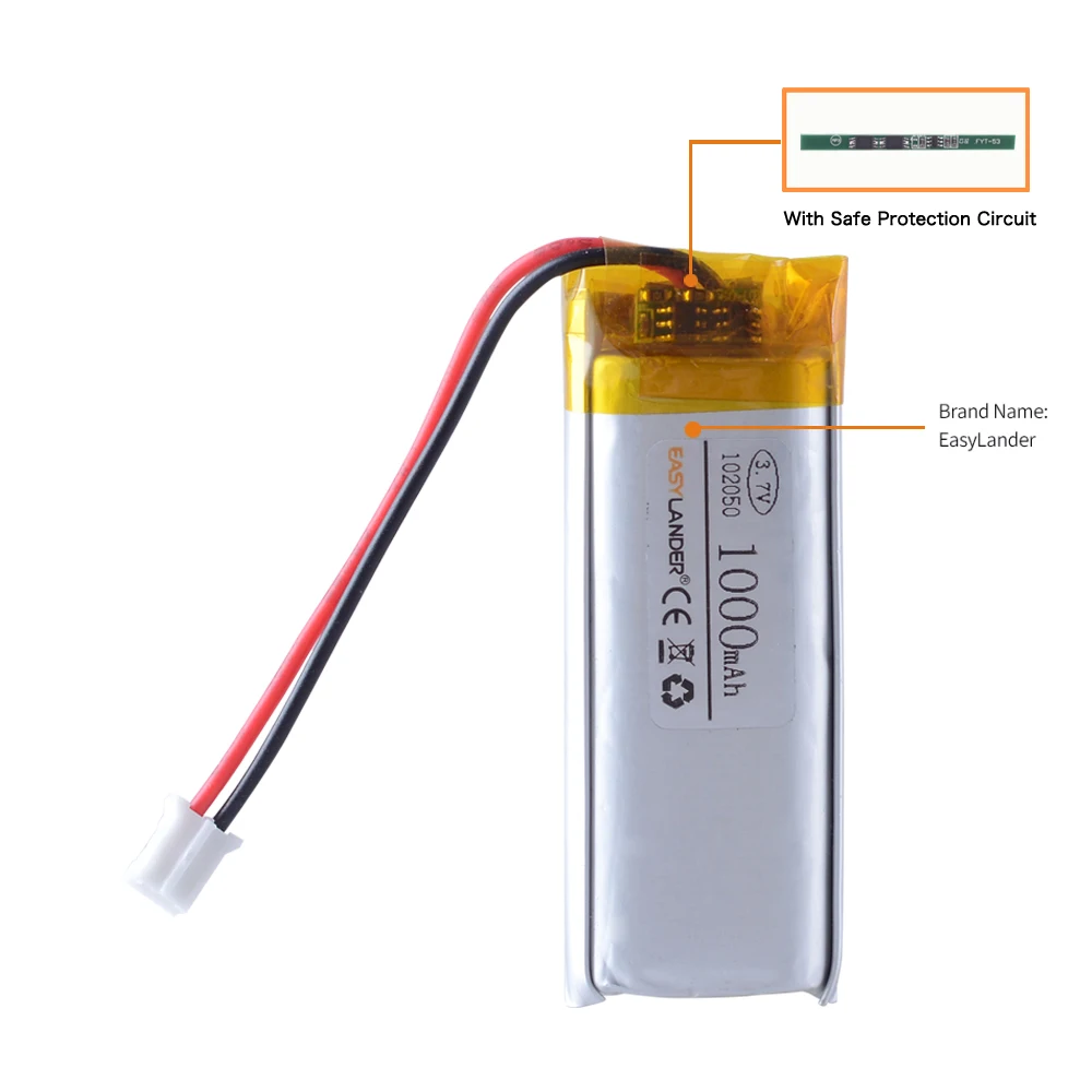 JST 2.0 2P 1000mAh 3.7V 102050   Batería recargable de polímero de iones de litio