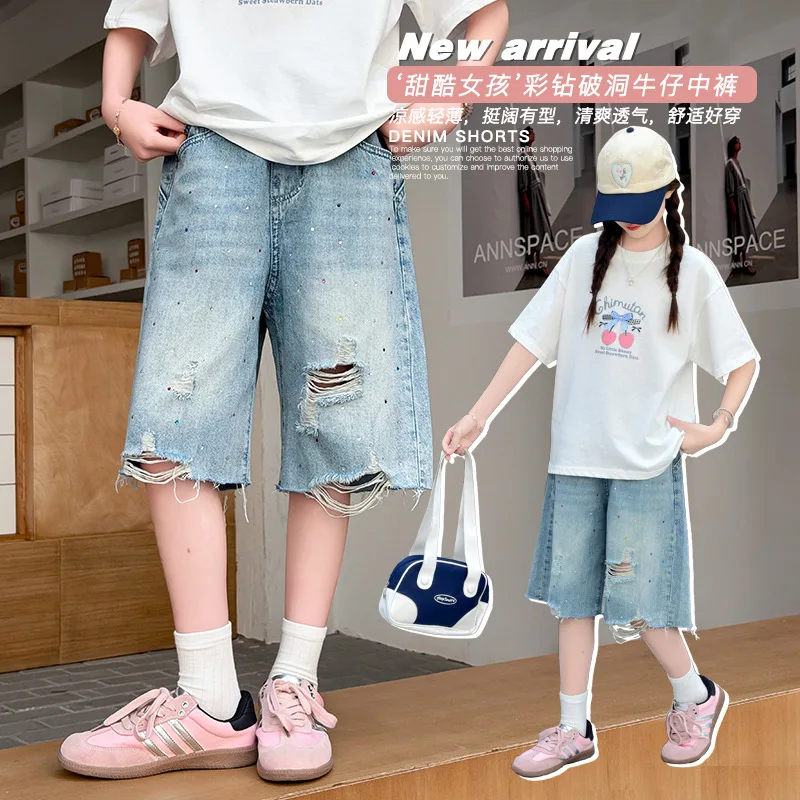 Elegante Kinder-Sommer-Jeansshorts mit Strass für Mädchen, modische, lässige knielange Jeanshose mit Löchern, 5-14 Jahre