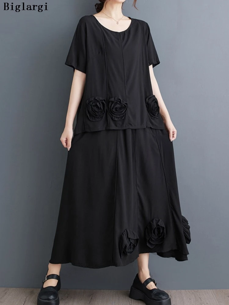 

Oversized Summer Flower 2 Two Piece Set Women Casual Fashion Ladies Blouses A-Line Ruffle Loose Woman Elastic High Waist Skirts