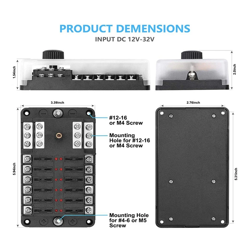 12 Way 12V Fuse Box 12Volt Blade Fuse Block Holder For 12V/24V Automotive Golf Cart