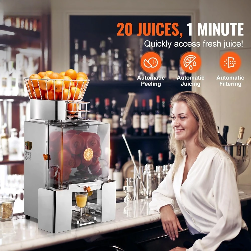 Commercial Orange Juicer Machine,Stainless Steel Juice Extractor for 25 Oranges Per Minute, with Pull-Out Filter Box, PC Cover