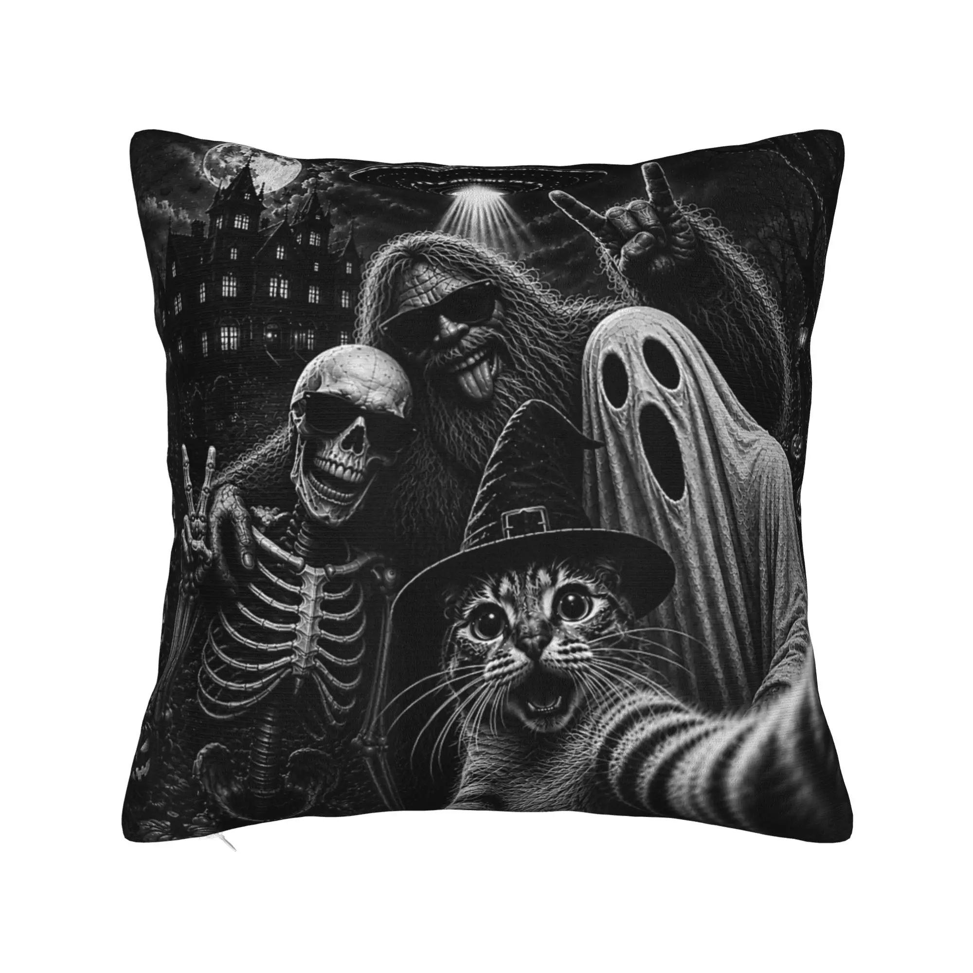 Cat Selfie with Bigfoot Skeleton Ghost UFO Funny Halloween Pillow Cover  Soft Cushion Cover Kawaii Pillow Case For Couch Bedroom