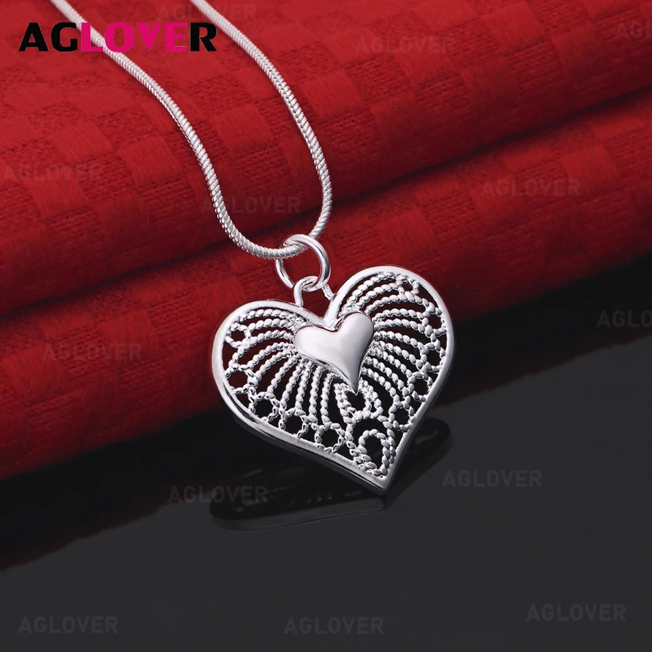 

AGLOVER 925 Sterling Silver Patterned Hollow Heart Pendant Necklace Daily Accessories Women'S Simple And Elegant Jewelry