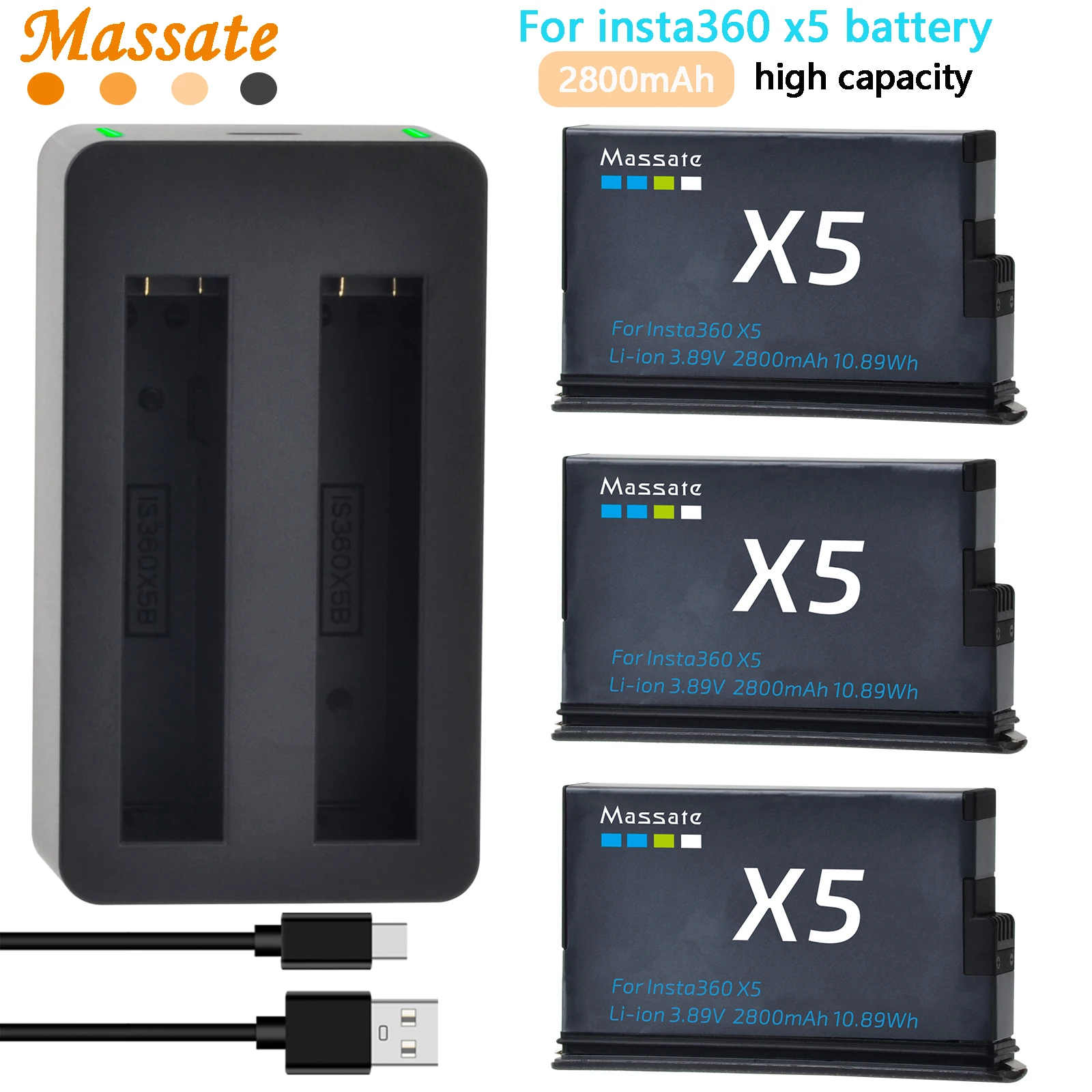 

Massate 2800mAh Insta360 X5 Rechargeable Battery and 2 Slot Fast Charger Compatible with Insta360 X5 Action Camera Accessories