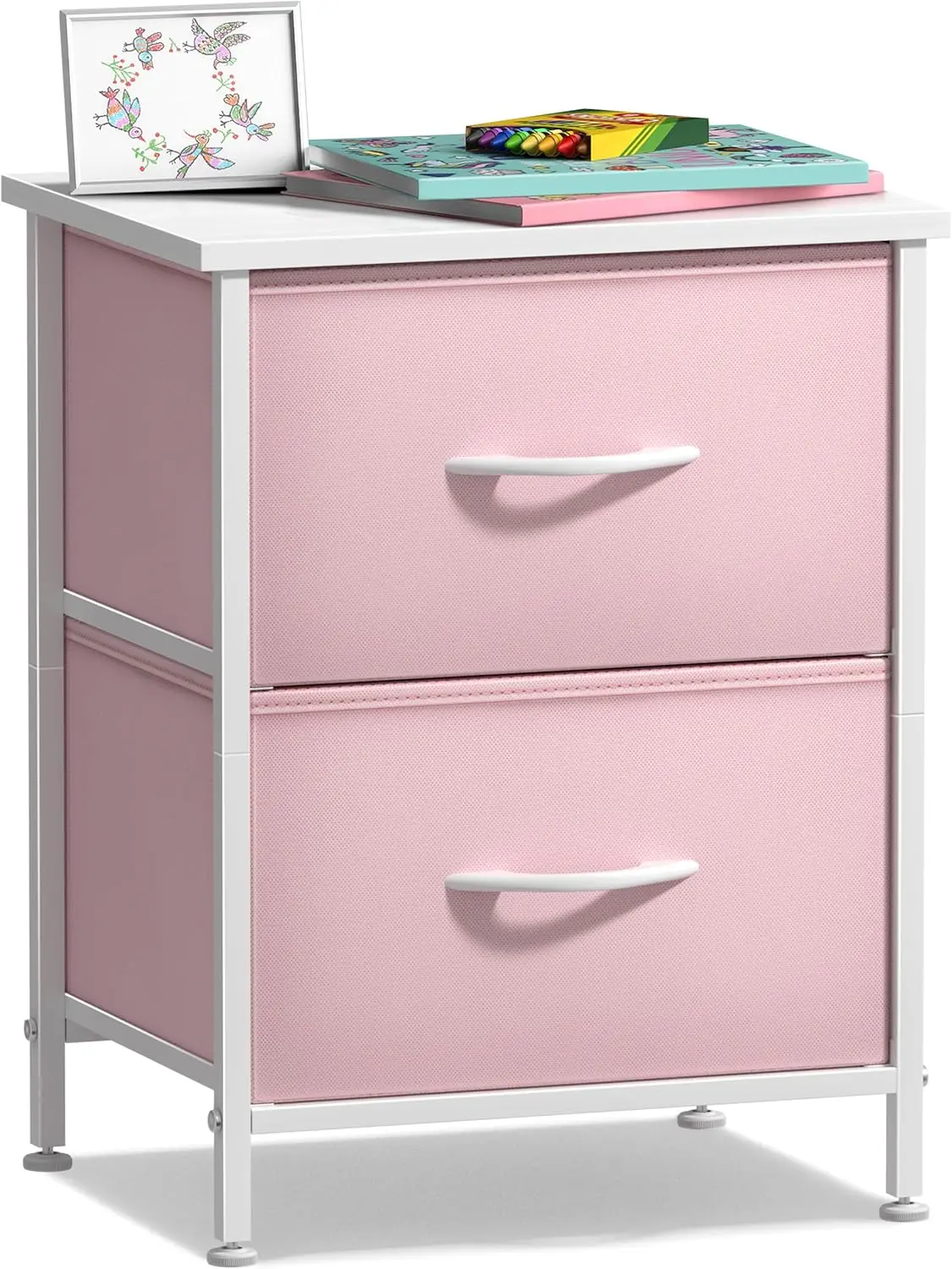 

Nightstand with 2 Drawers,Kids Bedside Furniture End Table Night Stand - Steel Frame, Wood Top & Easy Pull Fabric Bins - Dresser