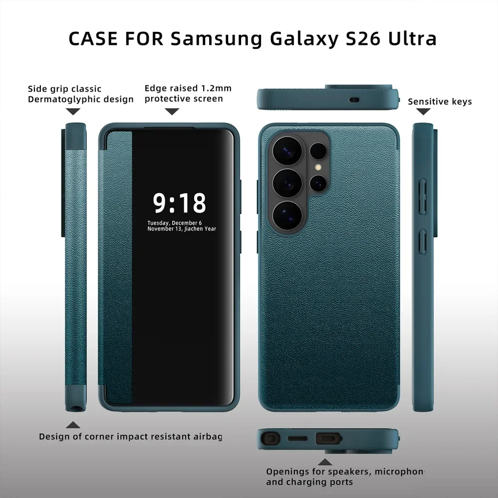 Fashion Smart Screen Protector Leather Phone Case For Samsung S26 S25 S24 S23 S22 S21Ultra S21FE Full Coverage Protection Cover