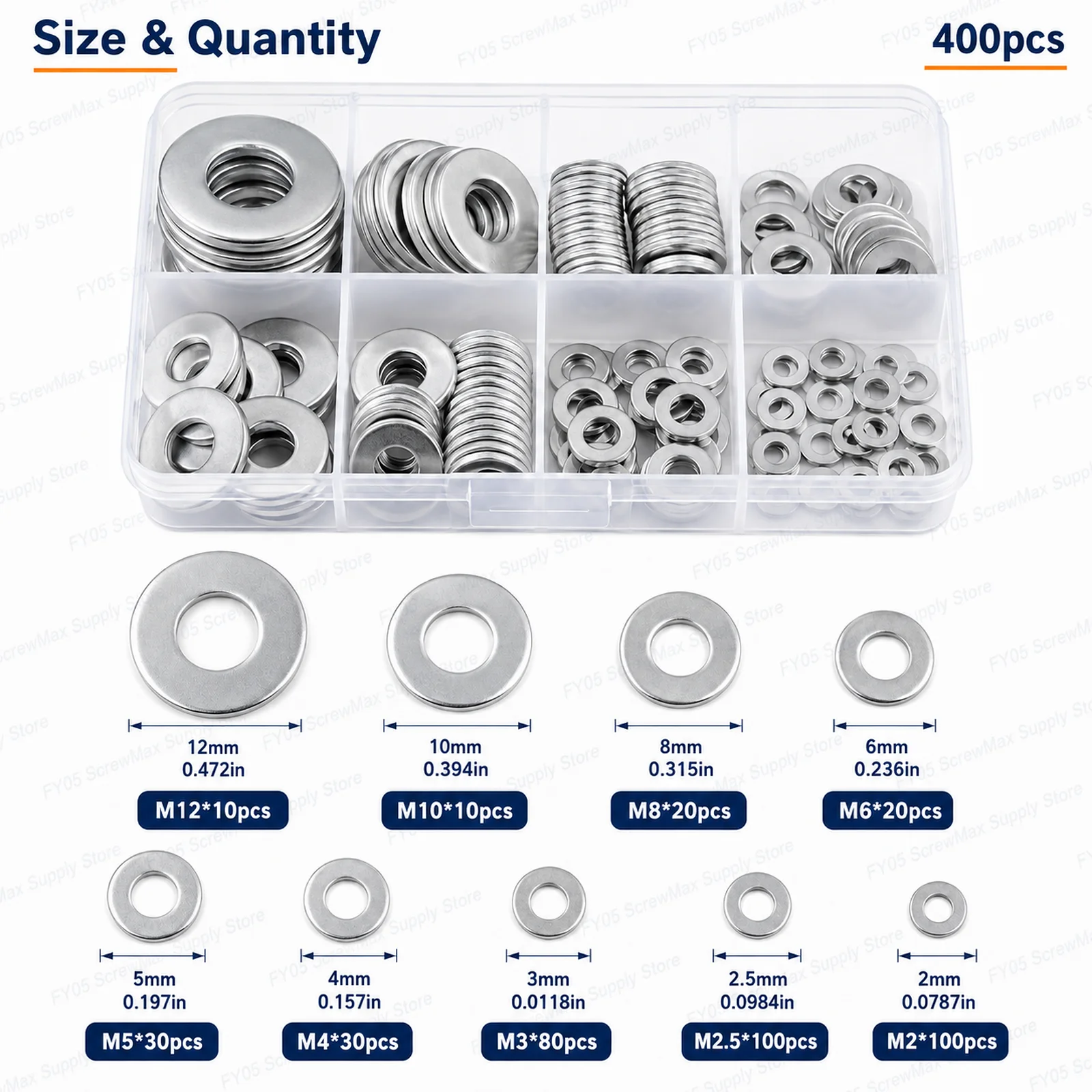 400pcs Flat Washer Gasket Combination M2 2.5 3 4 5 6 8 10 12 Boxed Anti-slip Sealing Washers
