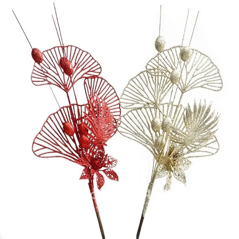 

Christmas new lily fan leaf decoration Christmas tree plug-in Christmas atmosphere simulation lily gold powder fan leaf