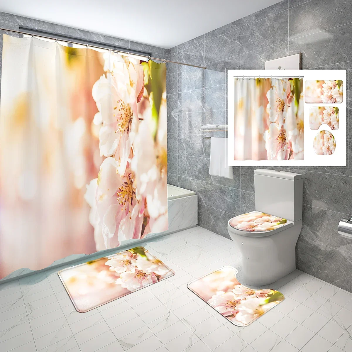 Peach Blossom Shower Curtain Sets 4 Pcs with Non-Slip Rugs Mat Toilet Lid Spring Branch Flower Waterproof Shower Curtain Set