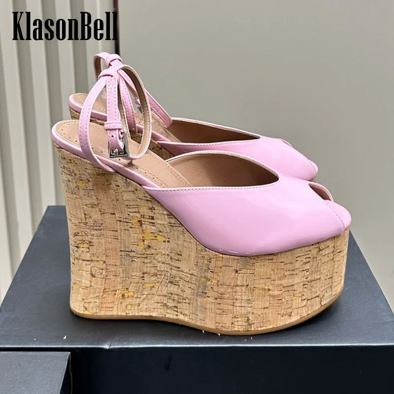 

7.22 KlasonBell Europe America Fashion High Heel Women Sandals Patent Leather Sexy Peep Toe Wedges Sandals 2024 Summer New