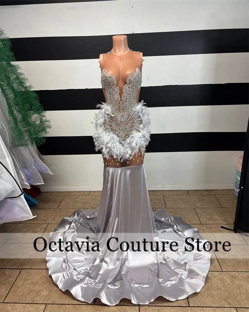

Saudi Arabic Silver O Neck Evening Dresses For Black Girls Bead Crystal Rhinestone 2025 Birthday Luxury Dress Feather فستان وردي
