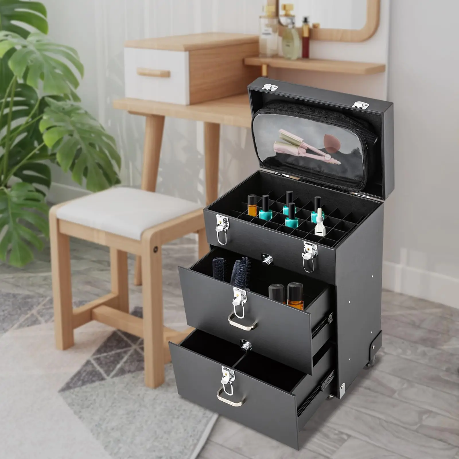 Косметический чемодан Bitodd, чехол на колесиках для макияжа, футляр для хранения большой емкости, органайзер с колесами, органайзер для лака для ногтей