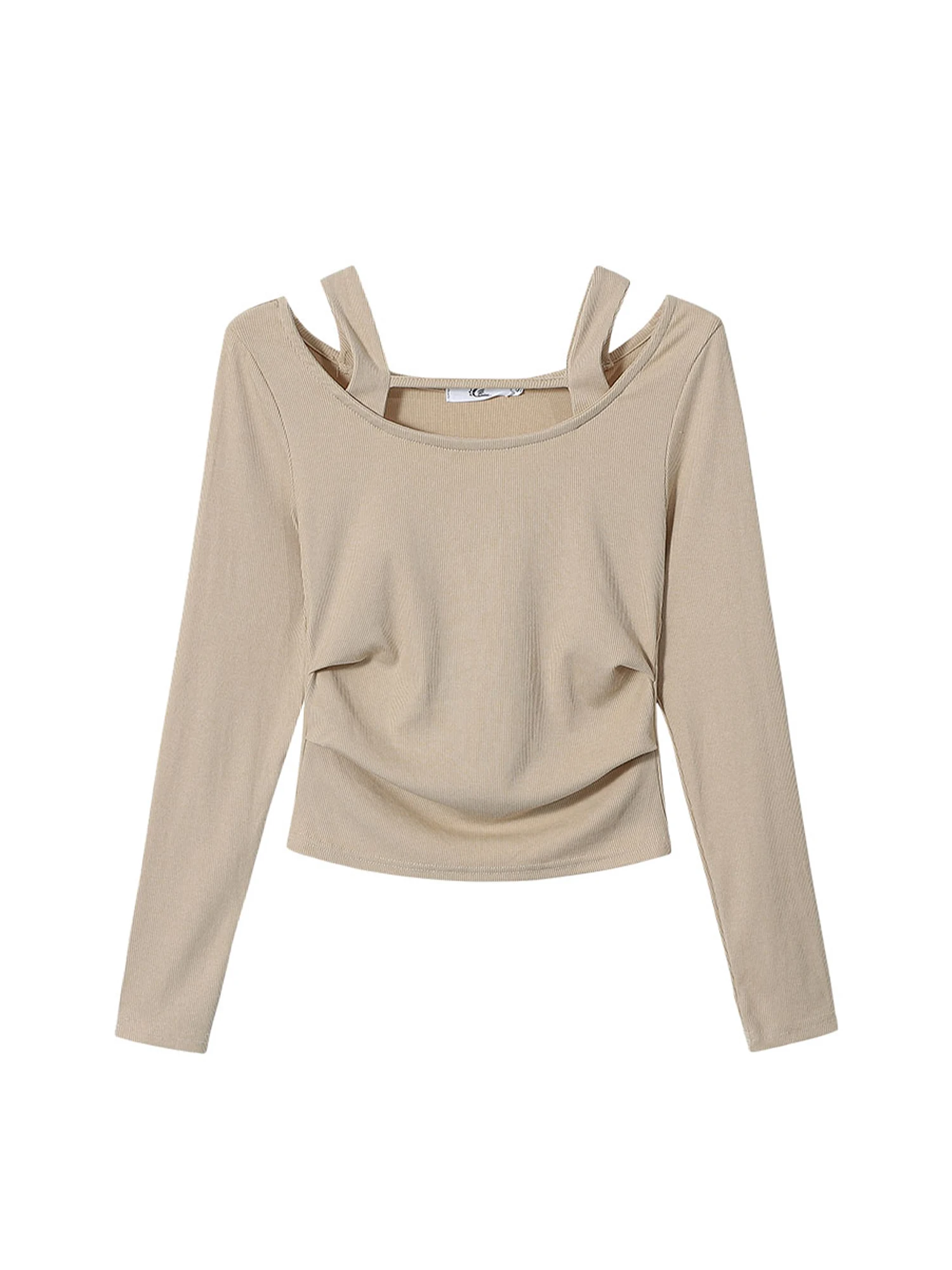Women Khaki T-shirt Fake Two Pieces Harajuku Y2k Gyaru Tee Top 90s Aesthetic Vintage Long Sleeve T-shirts 2000s Clothes Autumn