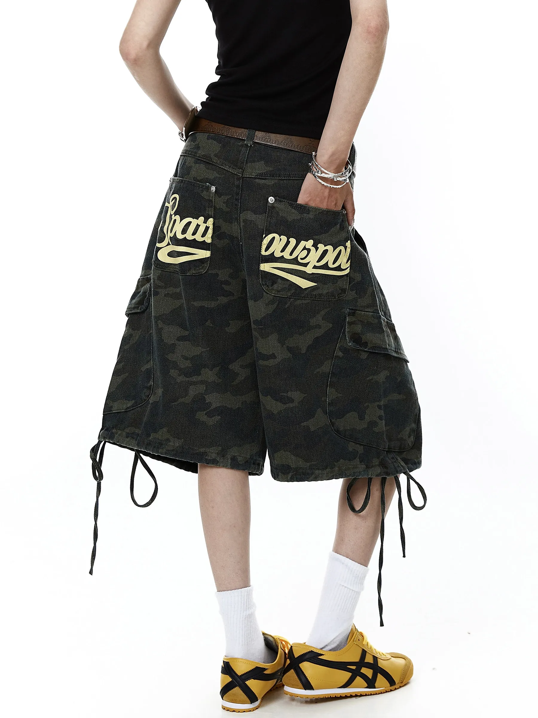 Retro American High Street Camouflage Letter Print Workwear Shorts Men's Women's Multi-Pocket Design Trendy Mid-Pants Five-Po...