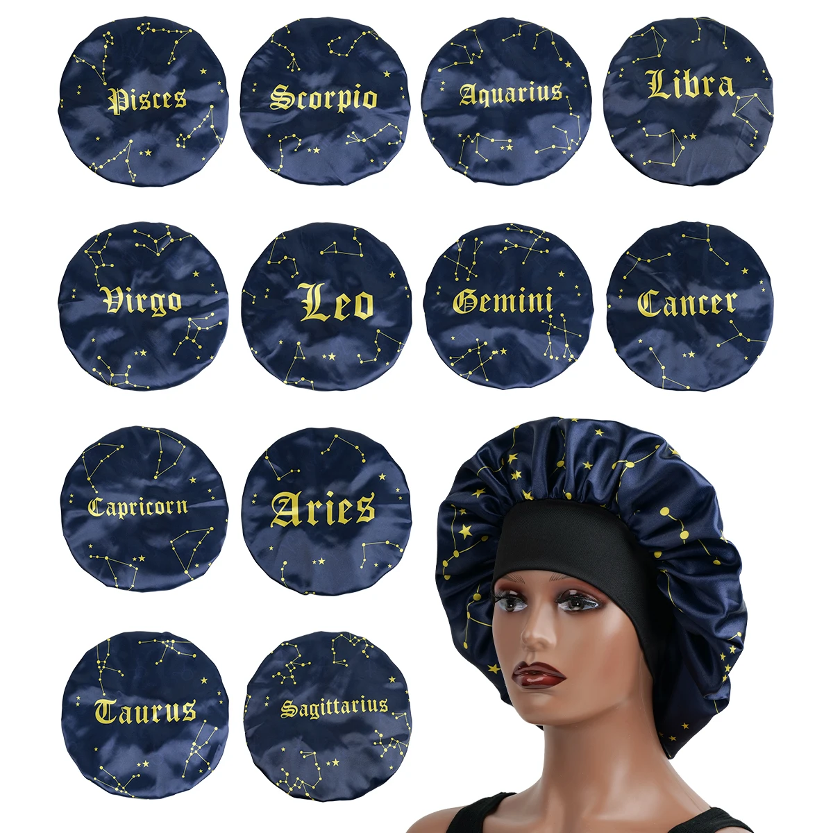 Zodiac Sign Satin Sleep Bonnet with Wide Brim - Navy Blue Hair Protection Cap Featuring Astrological Symbols for Nighttime