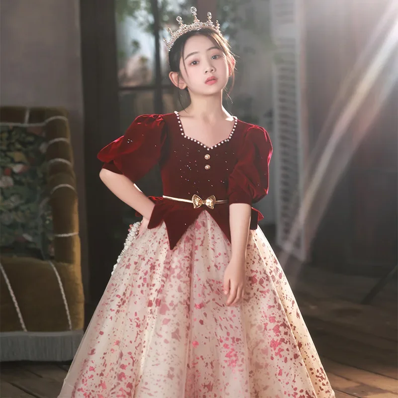 Children Dresses For New Year Party Wedding red velvet Beading Children Pageant Gown Princess Tulle Dress Girls Clothing