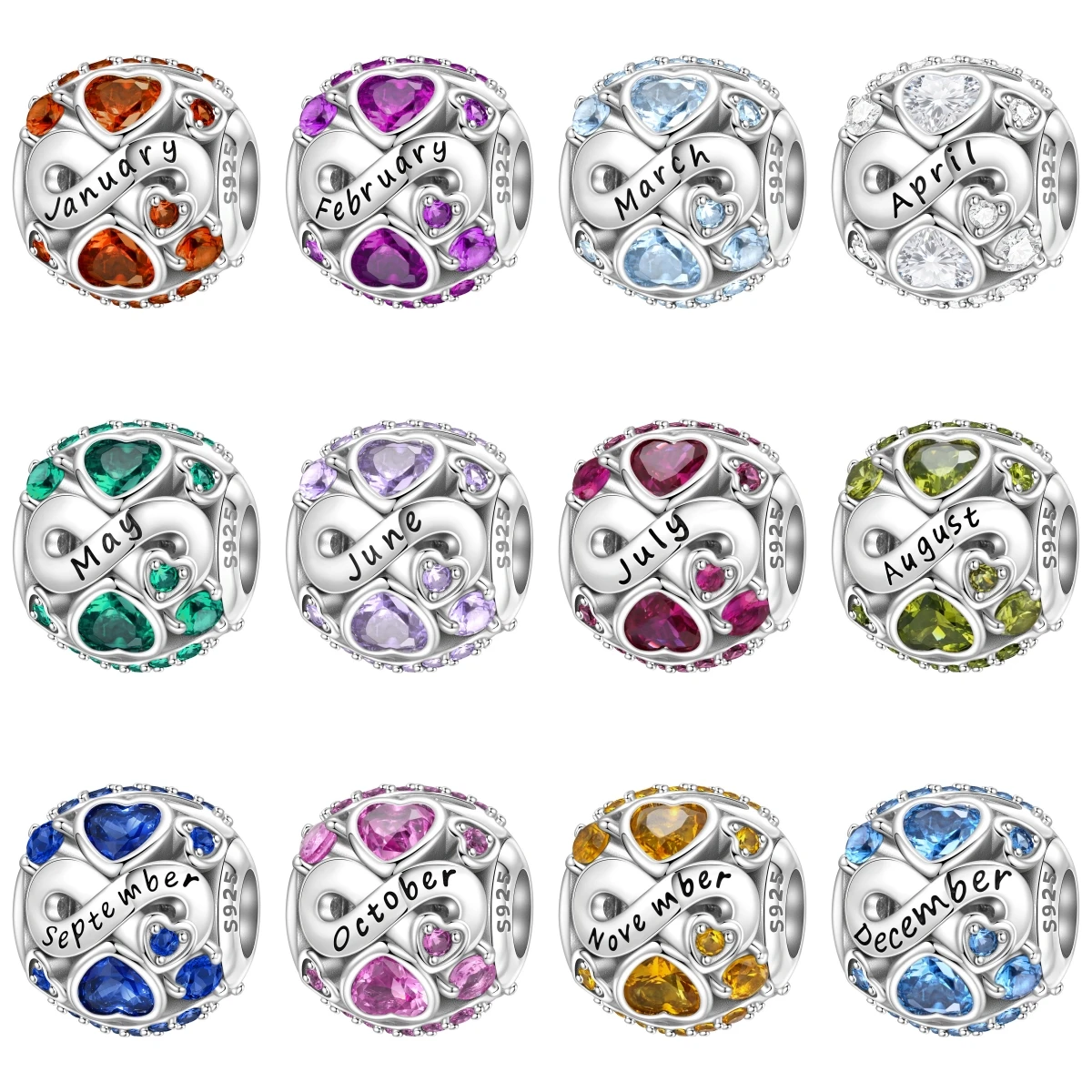 925 Sterling Silber Geburtsstein-Anhänger Monats-Herz Zirkon-Perle Original-Anhänger Armband Halskette Charm Party Geburtstag DIY Geschenk