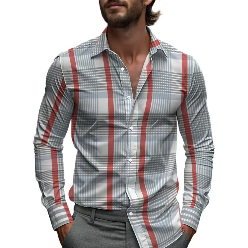 Business shirt line plaid stripes men's printed shirt four seasons single-breasted lapel long-sleeved shirt 2025 Hawaiian shirt