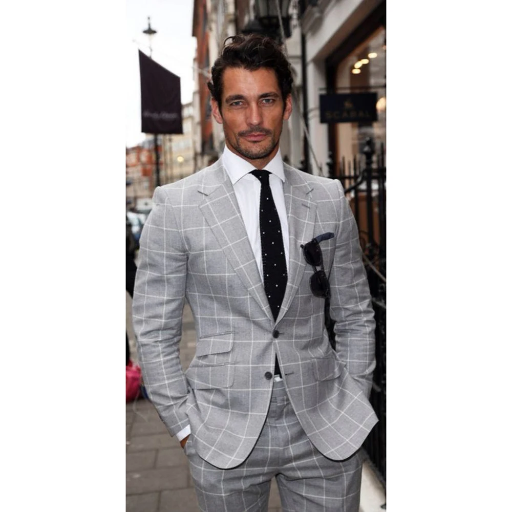 

Элегантные серые мужские костюмы в сетку, комплекты из 2-х предметов, куртка и брюки, высококачественная однобортная мужская деловая одежда с лацканами, блейзер