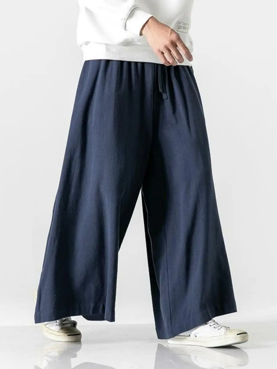 

Spring Men's Cotton Linen Wide Leg Pants Loose plus Size Nine Points Retro Sle Casual Trousers High Waist Long Pants