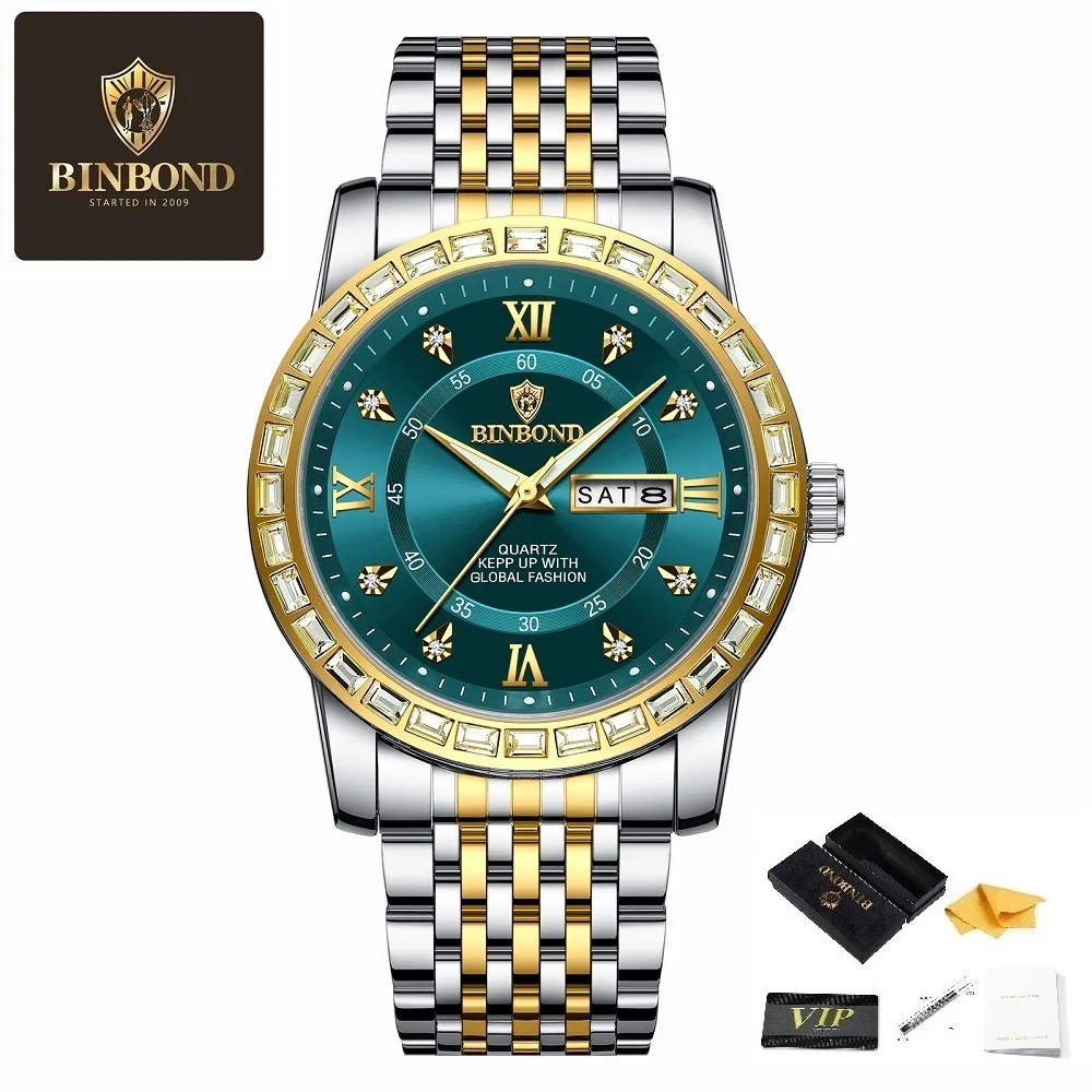 BINBONG Men's Quartz Watch Fashionable Business Diamond Inlaid Watch with Date and Week Display Waterproof and Luminous Pointer