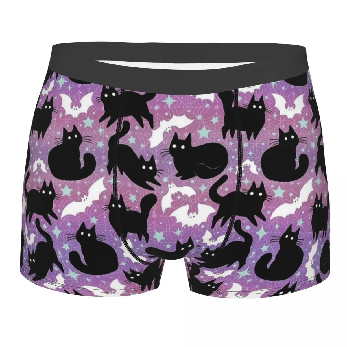 Shorts boxer de Halloween masculino com gatos pretos, roupa íntima longa, cueca macia, calcinha fofa, humor