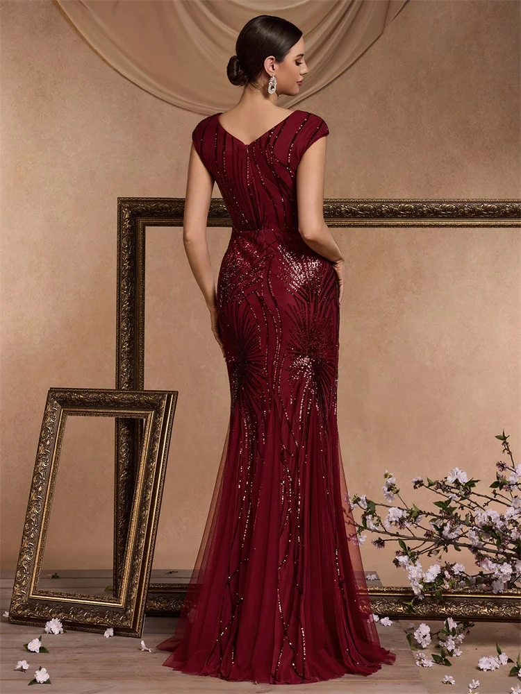 Elegant O-neck Sequins Mermaid Women Evening Dress 2025 Luxury Long Wedding Party Floor-length Prom Cocktail Graduation Gown