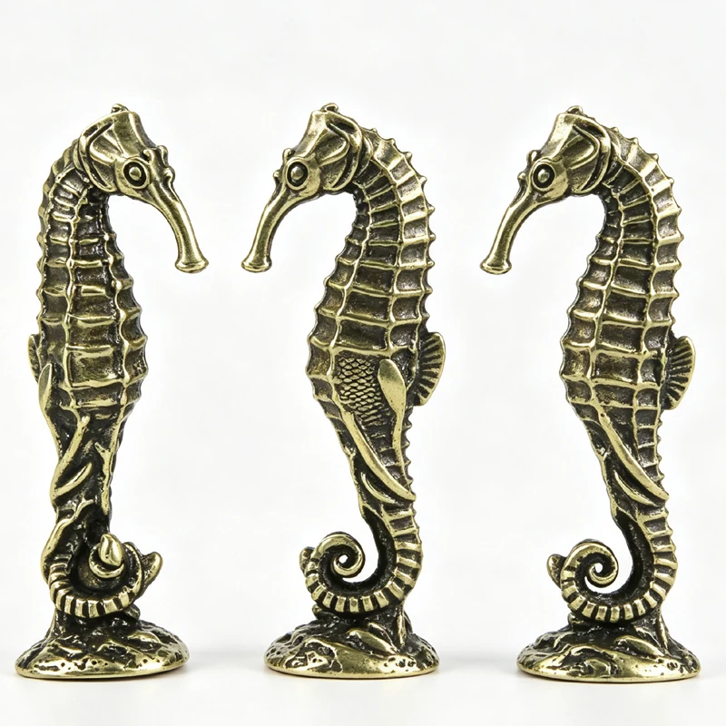 new Solid Brass Hippocampus Figurines Vintage Sea Animal Small Statue Desktop Ornaments Office Decorations Crafts Accessories