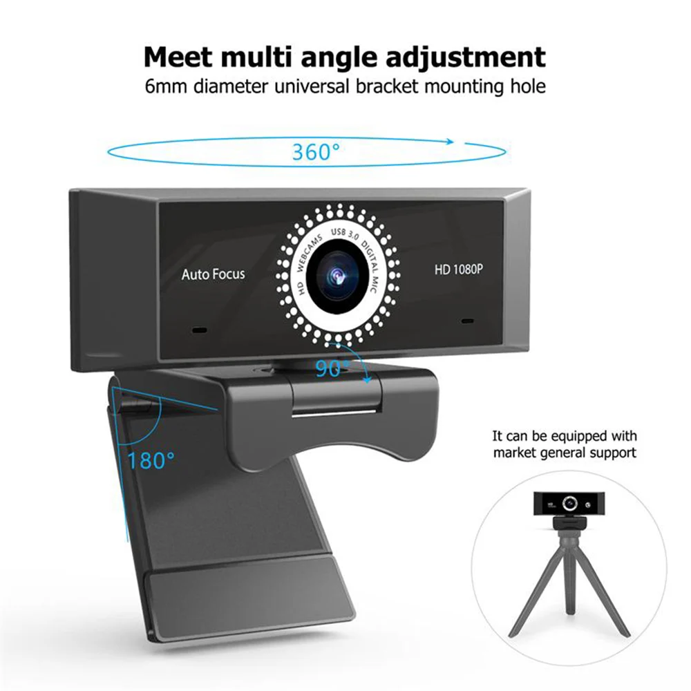 Kamera internetowa 1080p PC Regulacja pod wieloma kątami Szerokokątna kamera internetowa USB 2.0 Wysoka kompatybilność Przenośna funkcja Plug And Play Automatyczne ustawianie ostrości