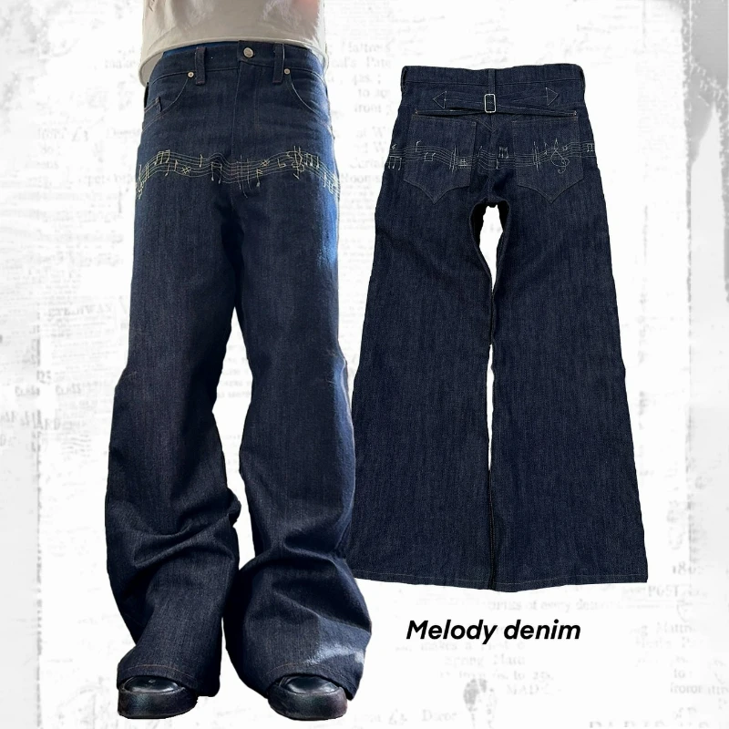Y2K Vintage Flare Denim Pants Musical Staff Embroidery Adjustable Waist Trousers Unisex Streetwear Fashion Baggy Jeans