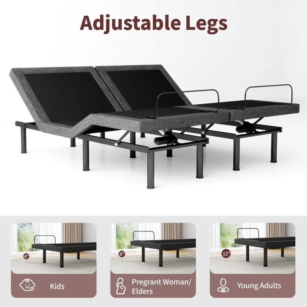 إطار سرير قابل للتعديل، أسرة قابلة للتعديل مع إطار سميك محدث، جهاز تحكم عن بعد لاسلكي، رفع منفصل للرأس/القدم، بدون جاذبية