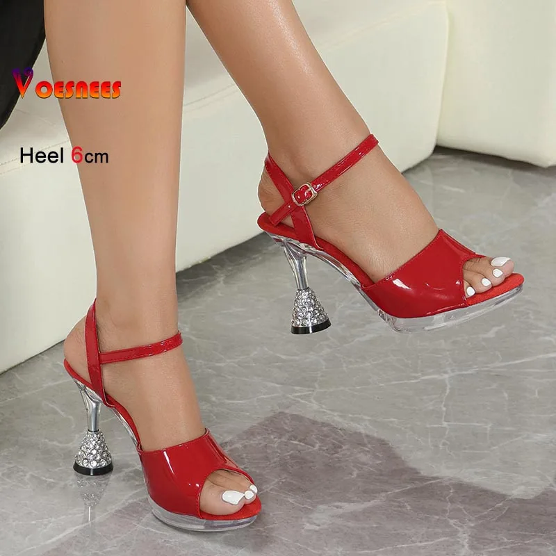 

Black Women Sandals Non-slipping Sole Classic High Heels Shoes Fashion 6CM Clear Crystal Heel Summer Sexy Versatile Lady Shoes